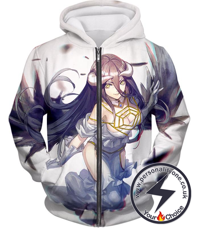 Overlord Pure White Devil Albedo Cute Anime Girl White Zip Up Hoodie